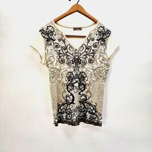 Blue Canyon Clothing sz Medium Baroque Scroll Print V-Neck Tee Shirt Top Henley